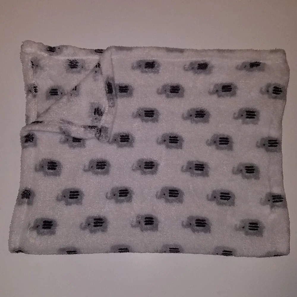 Baby Kiss Gray Black White Elephant Fleece Baby Blanket Lovey Soft 30x40